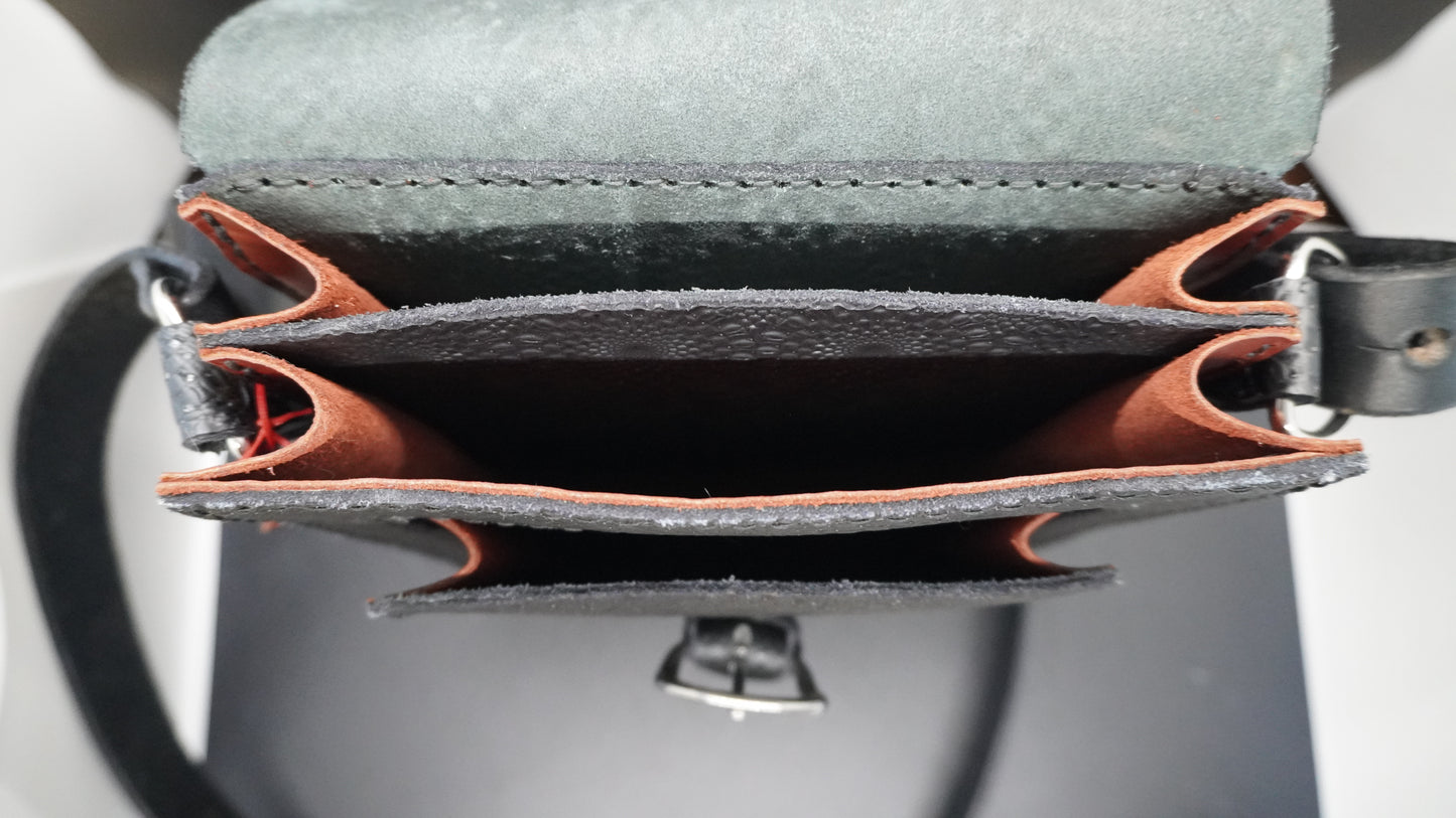 Black Leather 3 Pocket Crossbody Bag